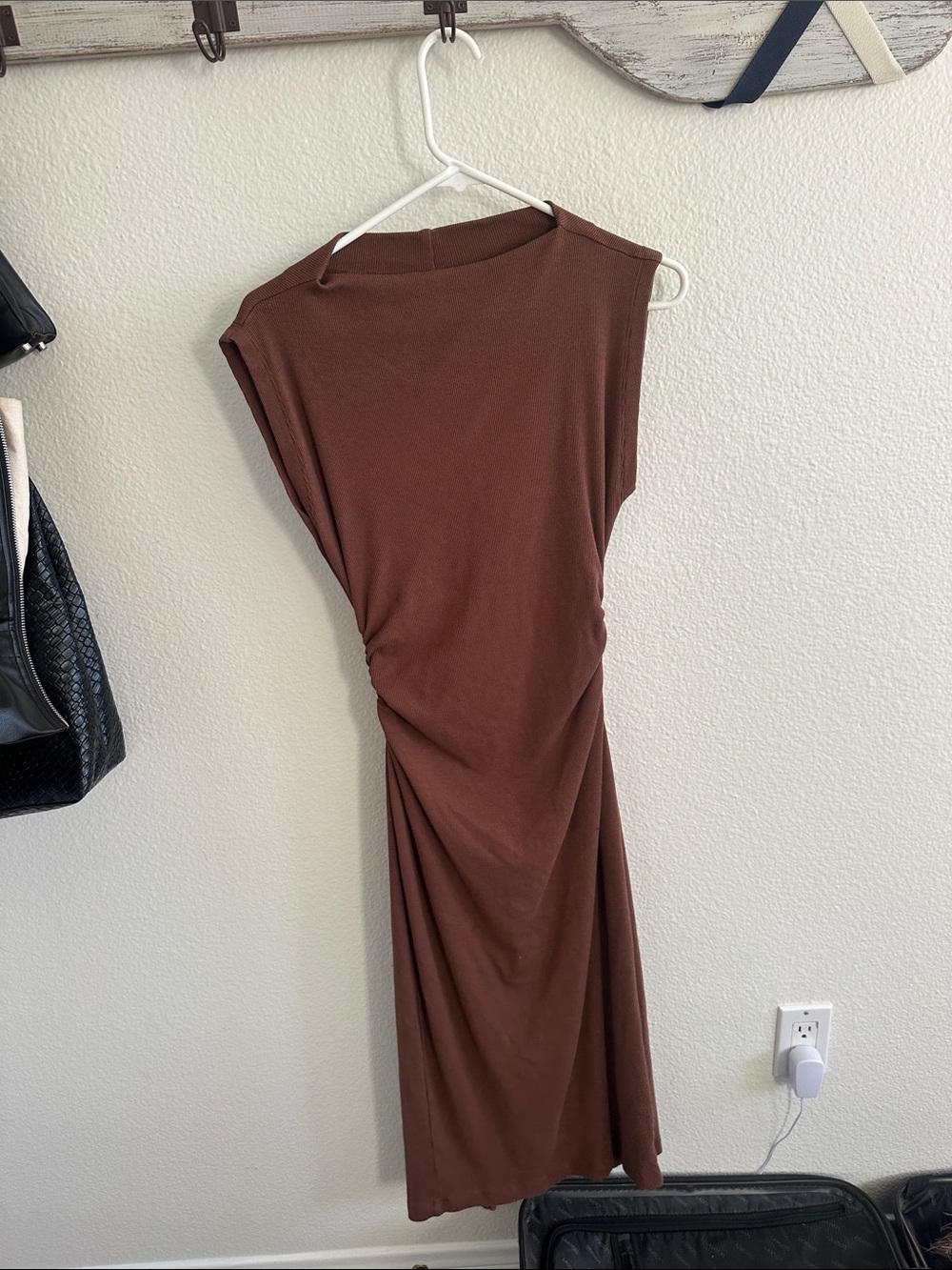 Sleeveless Brown Midi Dress with Side Ruching